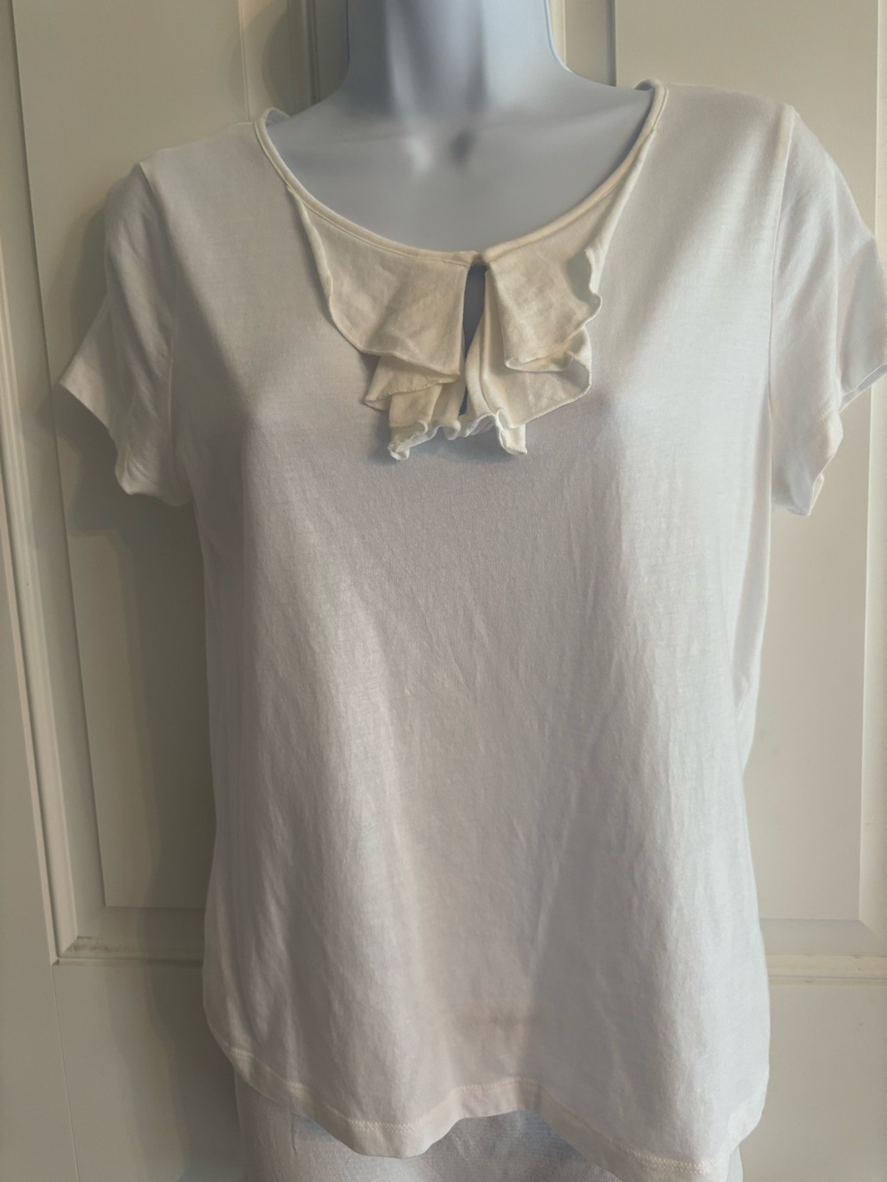Talbots White Short Sleeve Ruffle Neck Tee